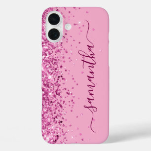 Coques iPhone 16 Plus Signature rose pailleté féminin