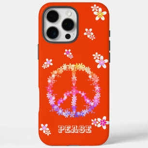 Coques iPhone 16 Pro Max Signe de paix avec des fleurs colorées, Cas person