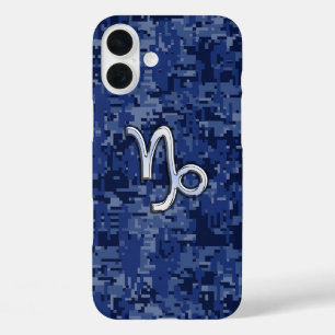 Coques iPhone 16 Plus Signe du zodiaque Capricorne sur camouflage bleu m