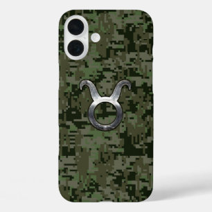 Coques iPhone 16 Plus Signe du zodiaque Taureau sur camouflage vert