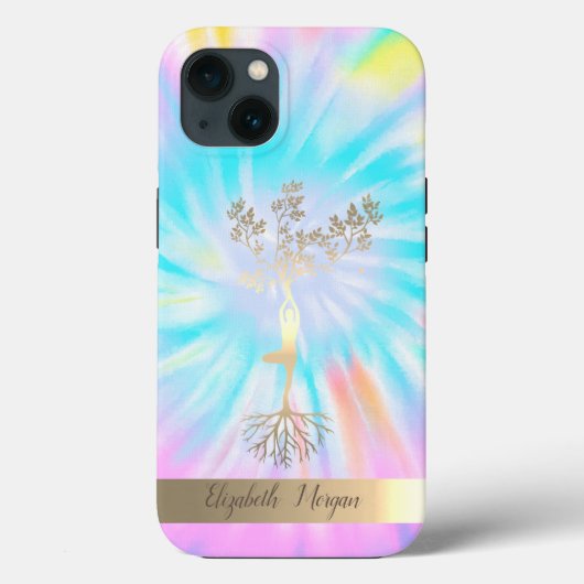 Coques Case-Mate iPhone Silhouette d'arbre doré, professeur de yoga Tie-Dy (Verso)