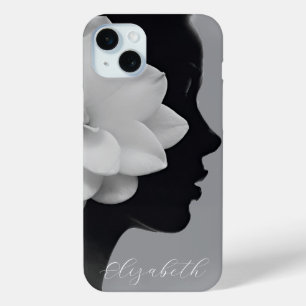 Coque iPhone 15 Mini Silhouette de fille Magnolia blanche Monochromatiq