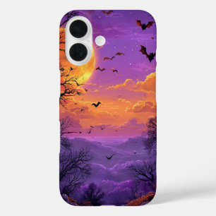 Coques iPhone 16 Silhouette de manoir hanté avec chauves-souris