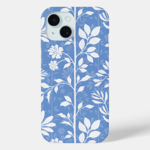 Coque Pour iPhone 15 Silhouettes Florales Bleu Denim Doux