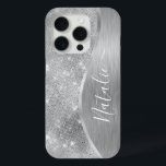 Coque iPhone 15 Pro Silver Glitter Glam Bling Personalized<br><div class="desc">Personnalisez facilement ce boîtier de téléphone à motif en métal brossé argent et en faux parties scintillant glamour avec votre propre nom personnalisé.</div>
