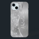 Coque iPhone 15 Mini Silver Glitter Glam Bling Personalized<br><div class="desc">Personnalisez facilement ce boîtier de téléphone à motif en métal brossé argent et en faux parties scintillant glamour avec votre propre nom personnalisé.</div>