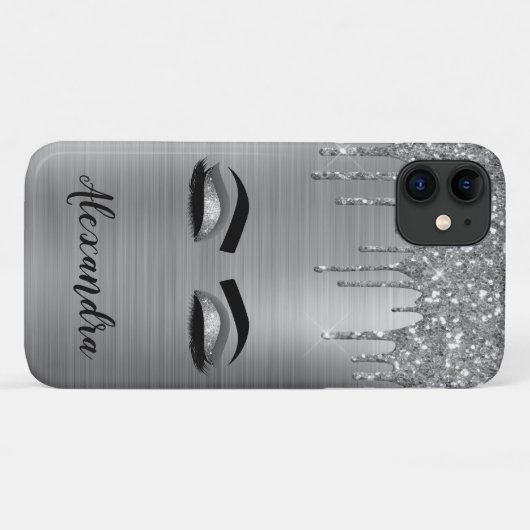 Coques Case-Mate iPhone Silver Glitter Sparkle Eyelashes Monogram (Dos (Horizontal))