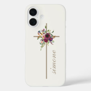 Coques iPhone 16 Simple Cross Burgundy Floral Nom personnalisé