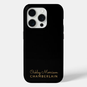 Coque iPhone 15 Pro Simple Moderne Minimaliste Gold Nom Noir