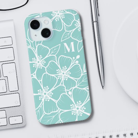 Coques Case-Mate iPhone Simple Monogramme Initial Floral Bleu Turquoise