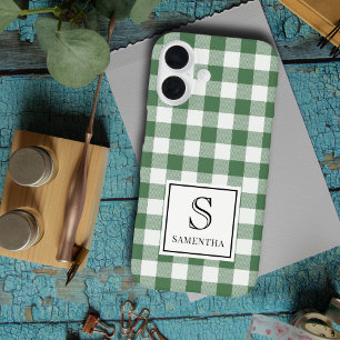 Coques iPhone 16 Simple Vichy Vert et Blanc Monogramme & Nom