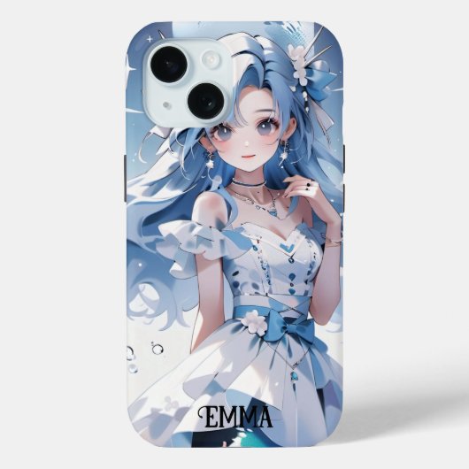 Coques Case-Mate iPhone Sirène avec cheveux bleus dans une robe bleue Nom (Verso)