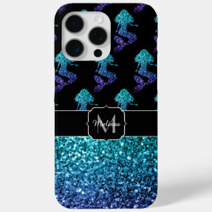 Coque iPhone 15 Pro Max Sirène bleu aqua ombré Motif Paillettes Monogramme