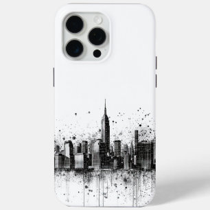 Coque iPhone 15 Pro Max Skyline de ville contemporaine en noir et blanc