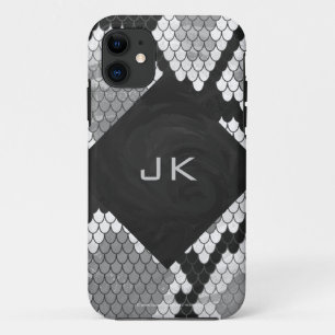 Coque iPhone 11 Snakeskin Gris, blanc et noir Monogramme