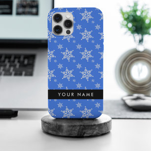 Coque iPhone 15 Pro Max Snowflakes blanc, Bleu, Votre nom, Personnaliser