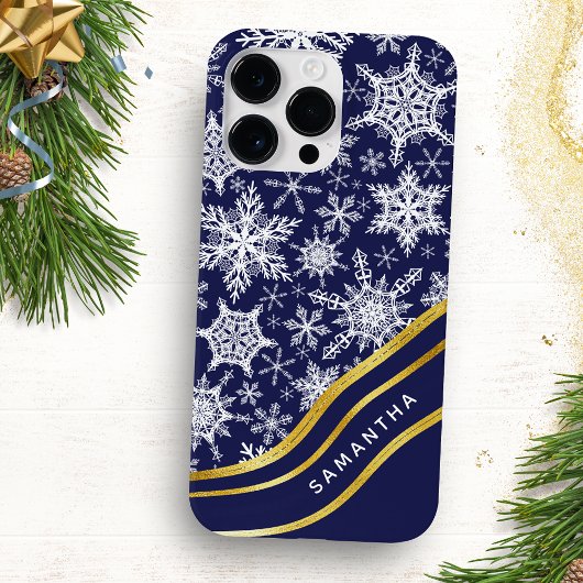 Coques Case-Mate iPhone Snowflakes bleu marine de Noël personnalisés