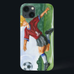Coques Pour iPhone Soccer Player Kicking a Ball par Jay Throckmorton<br><div class="desc">La balle est dans l'air. Tu peux aller à Like Beckham ? A lovely piece to hang on your wall or give as a venft to the soccer aficionado in your life!</div>