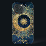 Case-Mate iPhone Case Soleil bleu céleste d'or personnalisé Mandala<br><div class="desc">Personnalisé Blue Celestial Gold Sun Moon Mandala iPhone 13 Coque Ajoutez votre nom ou le nom de la personne que vous donnez à ce magnifique boîtier téléphonique! Cette aquarelle bleu marine tendance, en toile de fond, présente un mandala en or métallique en forme de soleil fleuri avec un petit soleil...</div>