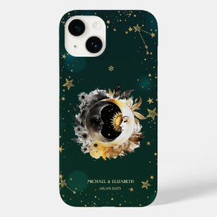 Coque Pour iPhone 14 Soleil Céleste Et Fleurs Lune Étoiles Vert