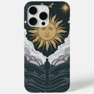 Coque iPhone 15 Pro Max Soleil cosmique et Lune avec Voyage Mystique Illus