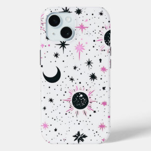 Coque Pour iPhone 15 Soleil Lune Étoiles Célestes Noir et Rose