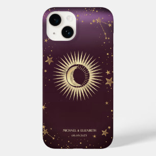 Coque Pour iPhone 14 Soleil Or Céleste Et Étoiles Lune Bourgogne