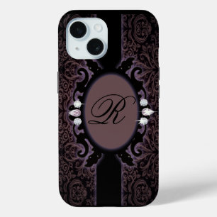 Coque Pour iPhone 15 Sophistiquer violetDamask monogramme vintage