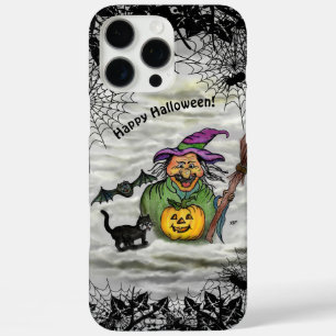 Coques iPhone 16 Pro Max Sorcière, Chat, Chauve-souris et Citrouille, Joyeu