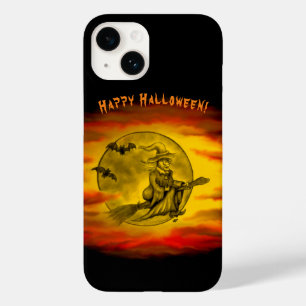 Coque Pour iPhone 14 Sorcière volante avec chat noir, nuit halloween
