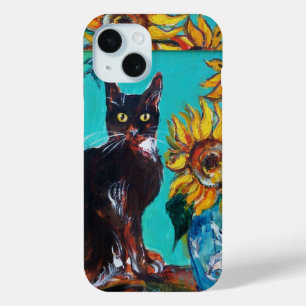 COQUE POUR iPhone 15 SOUCHES AVEC CHAT NOIR EN TURQUOISE BLEUE