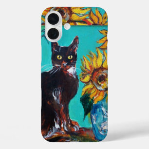 iPhone 16 PLUS CASE SOUCHES AVEC CHAT NOIR EN TURQUOISE BLEUE