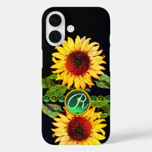 COQUES iPhone 16  SOUFFLE, EMERALD GREEN GEMSTONES MONOGRAMME FLORAL