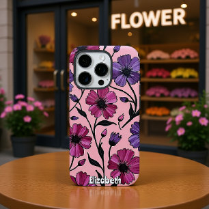 Coques iPhone 16 Pro Soulagement floral rose et pourpre Abstrait