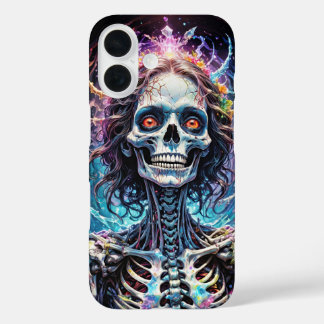 Coques iPhone 16 Souriante Femme crâne horreur avec des fleurs