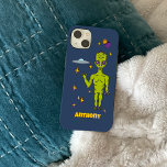 Coque Pour iPhone 14 Space Alien with Flying Saucer Personalized<br><div class="desc">Create an out-of-this-world personalized gift. This phone case features illustrations of a lime green space alien,  a ufo or flying saucer,  stars,  moons and planets and is ready to be personalized with a name.</div>