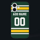 Coques iPhone 16 Sports Team Football Jersey Green Nom Numéro<br><div class="desc">Ajoutez votre nom et votre numéro favoris — Ce design de sports d'olive et d'or est parfait pour tout amateur professionnel,  universitaire ou lycéen. Vous pouvez même les réclamer pour votre équipe de football d'Imaginaire. Cliquez sur le bouton PERSONNALISER pour apporter d'autres modifications.</div>