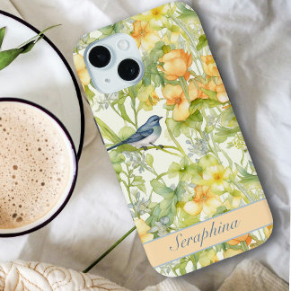 Coque Pour iPhone 15 Spring Floral & Bluebird Pastel Jaune Nom personna