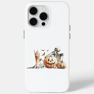 Coque iPhone 15 Pro Max Squelette avec citrouille et boire. Halloween.