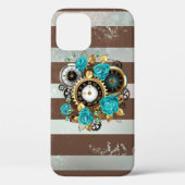 Coques Case-Mate iPhone Steampunk Clock and Turquoise Roses on Striped (Verso)