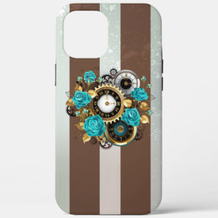 Case-Mate iPhone Case Steampunk Clock and Turquoise Roses on Striped