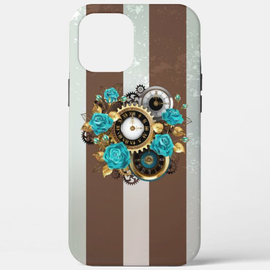 Coques Case-Mate iPhone Steampunk Clock and Turquoise Roses on Striped (Verso)