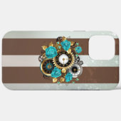 Coques Case-Mate iPhone Steampunk Clock and Turquoise Roses on Striped (Verso (horizontal))