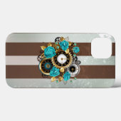 Coques Case-Mate iPhone Steampunk Clock and Turquoise Roses on Striped (Verso (horizontal))