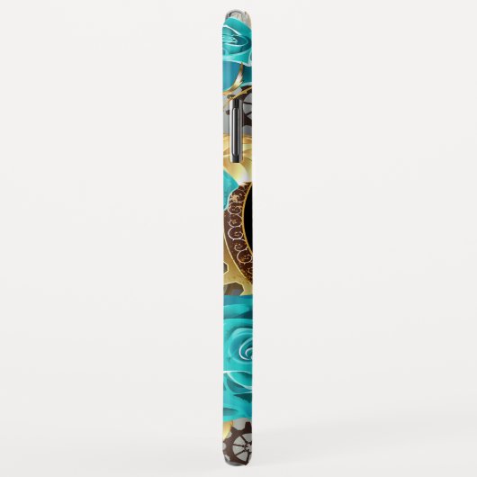 Coques Case-Mate iPhone Steampunk Clock and Turquoise Roses on Striped (Dos/Droite)