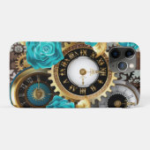 Coques Case-Mate iPhone Steampunk Clock and Turquoise Roses on Striped (Dos (Horizontal))