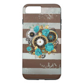 Coques Case-Mate iPhone Steampunk Clock and Turquoise Roses on Striped (Dos)