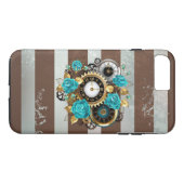 Coques Case-Mate iPhone Steampunk Clock and Turquoise Roses on Striped (Dos (Horizontal))