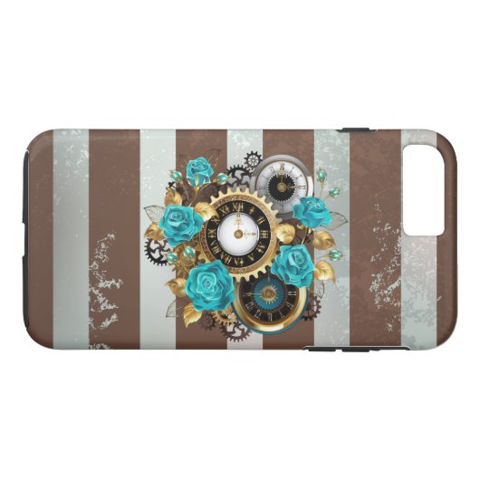 Coques Case-Mate iPhone Steampunk Clock and Turquoise Roses on Striped (Dos (Horizontal))
