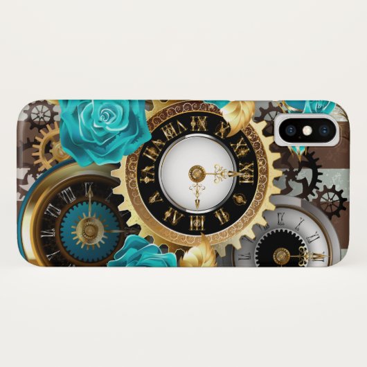 Coques Case-Mate iPhone Steampunk Clock and Turquoise Roses on Striped (Dos (Horizontal))